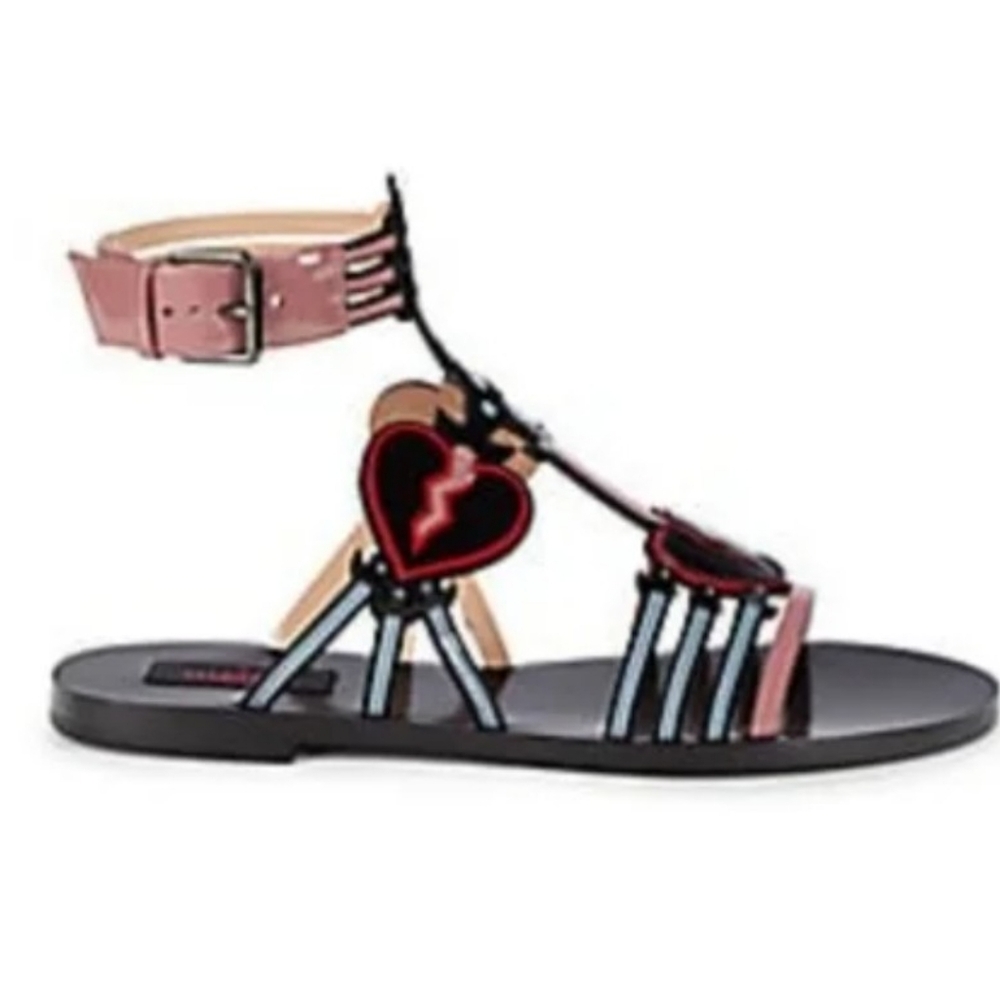 Valentino Garavani Love Blade Caged Flat Sandal Black Heart Gladiator Shoes EU40